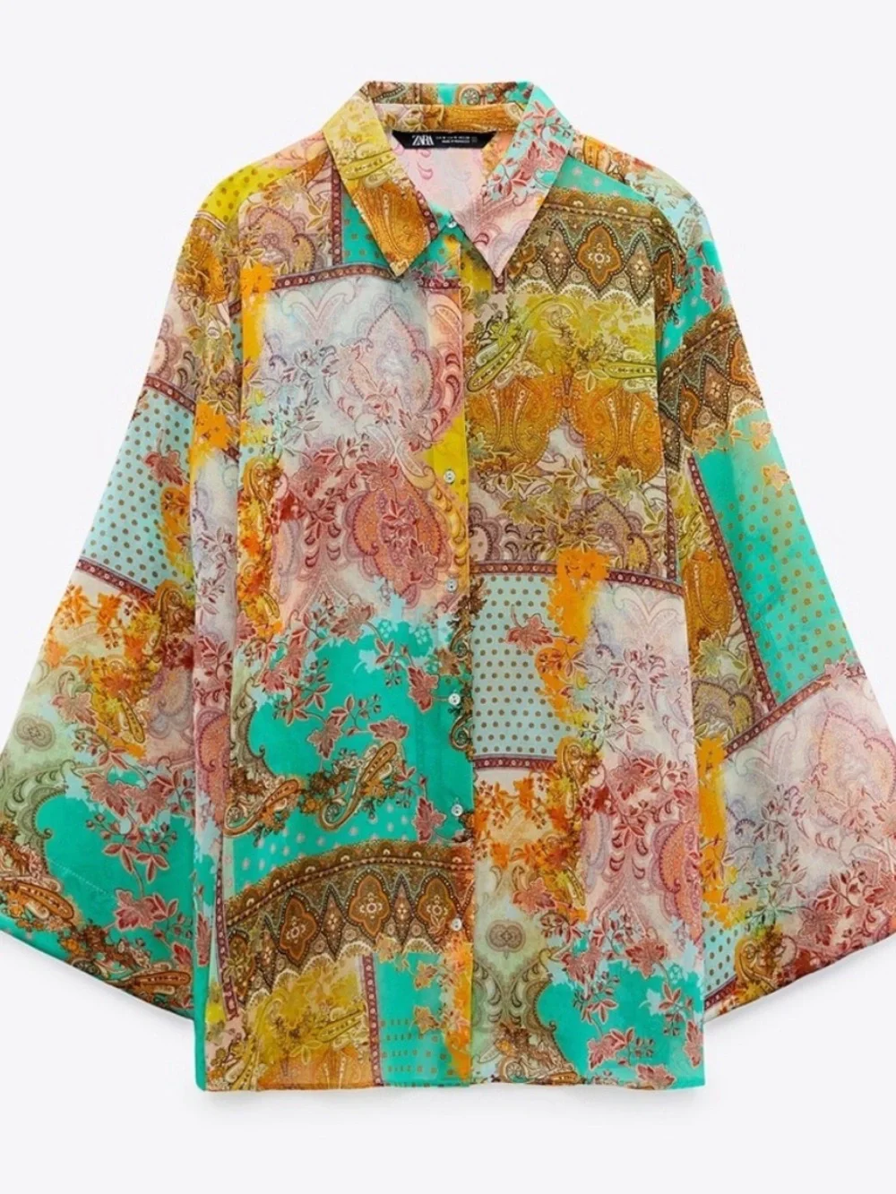 ZARA Colourful Patchwork Boho Paisley Festival Sheer Oversized Blouse Small - Picture 2 of 8